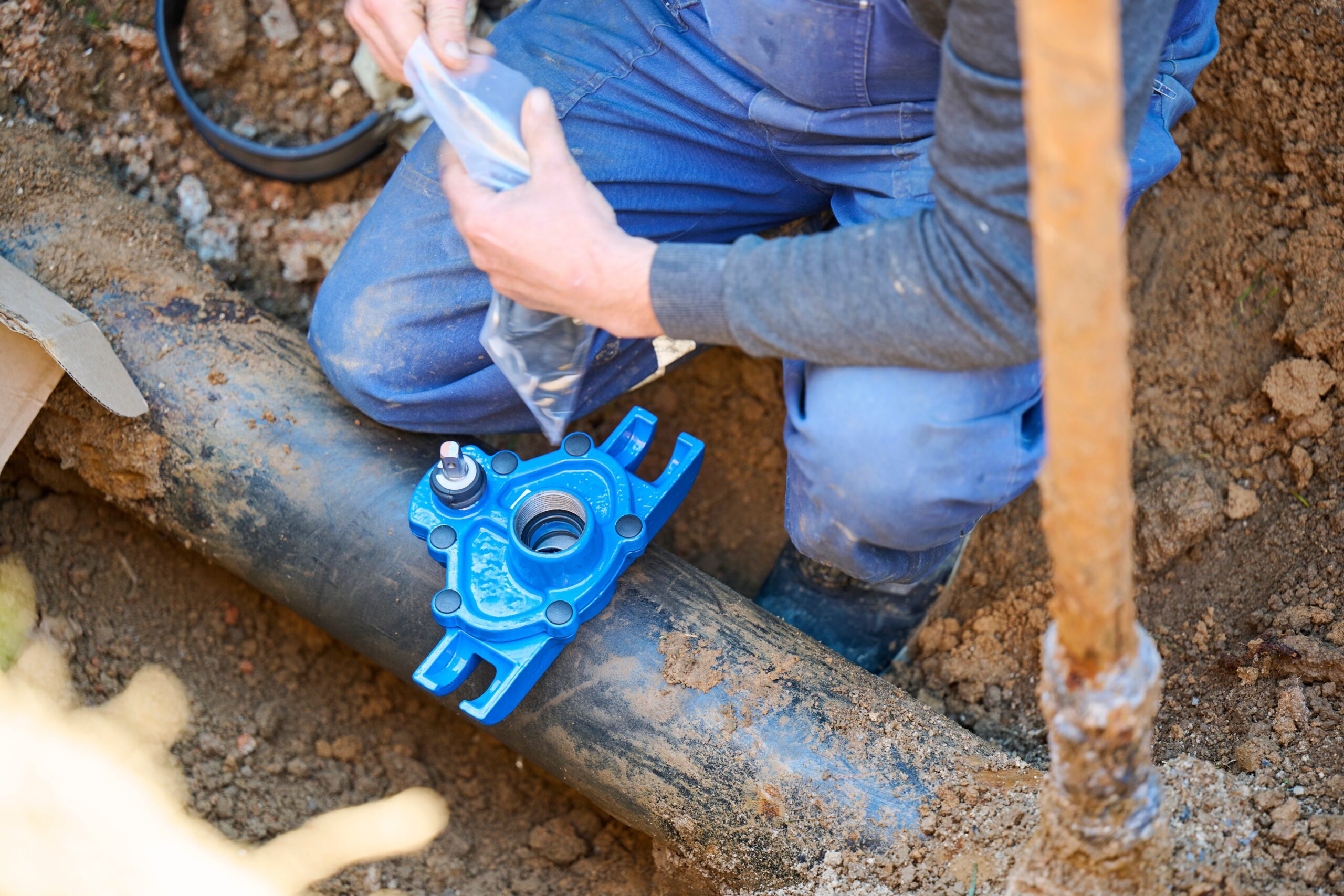 A plumber is working on an underground pipeline, preparing to install a blue service saddle clamp onto a large black water main. One hand holds a small parts bag, likely containing bolts or sealing components for the clamp. The blue fitting is designed to tap into the main line, commonly used for adding branch connections or water service lines. Soil, tools, and packaging materials are visible around the trench, emphasizing the active job site environment.