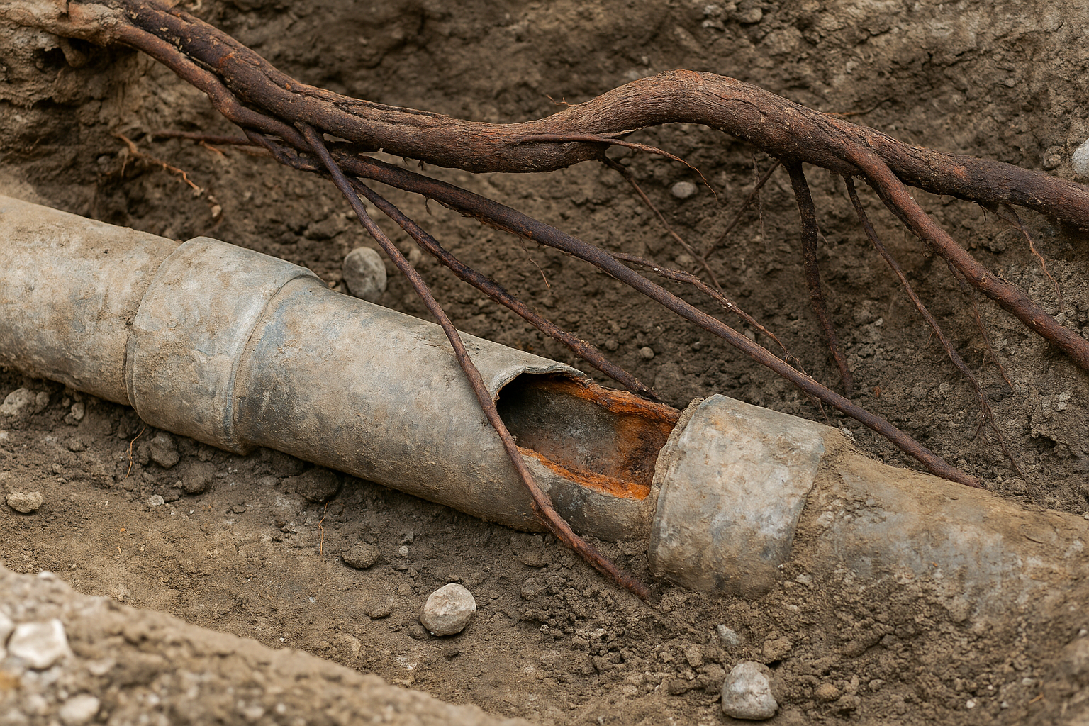A close-up view of an old, cracked residential sewer pipe surrounded by dirt and entangled with thick tree roots. The pipe shows visible corrosion and structural damage, illustrating common causes of sewer line failure such as root intrusion and pipe degradation. Ideal for highlighting issues in older Castro Valley, CA homes