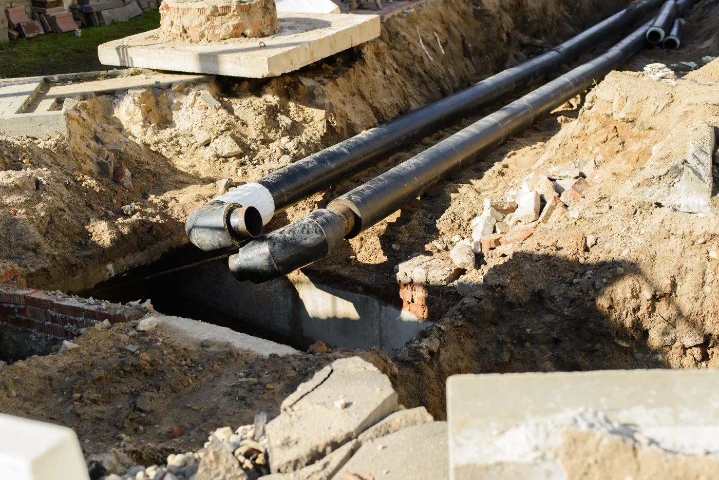 Pipeline Repair, Laying New Pipes Underground. Selective Focus On Foreground Of Black Pipes