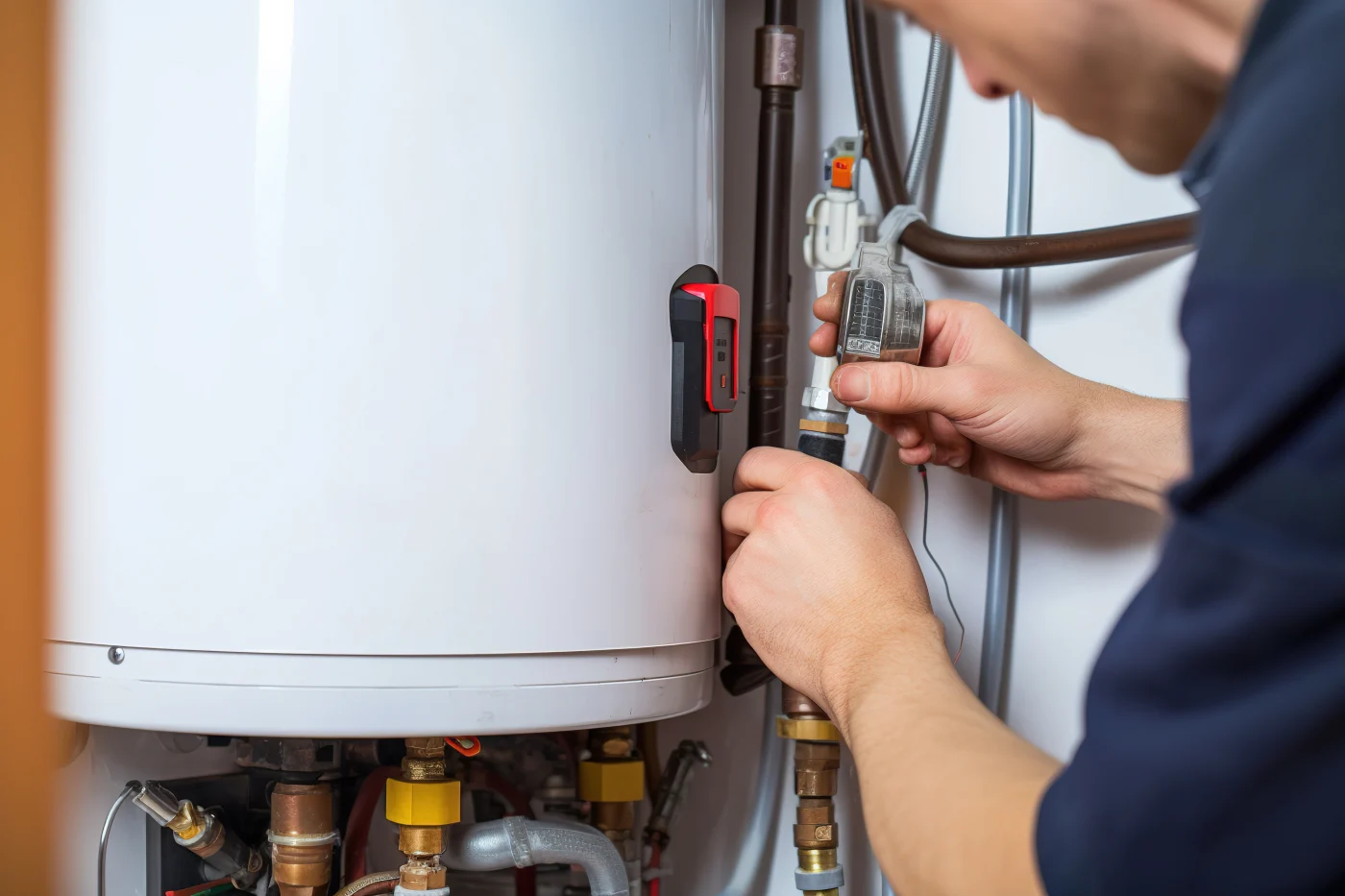 A technician is working on a residential water heater. The worker’s hands are adjusting a connection near the base of the unit, with visible pipes, fittings, and valves. The focus is on the precision of the task, highlighting professional plumbing expertise and attention to detail – ideal for illustrating repair, maintenance, or installation services across Castro Valley, CA.