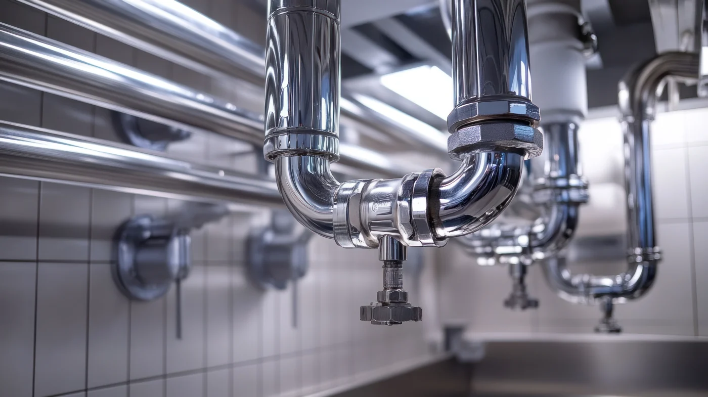 A commercial kitchen with chrome sink drains.