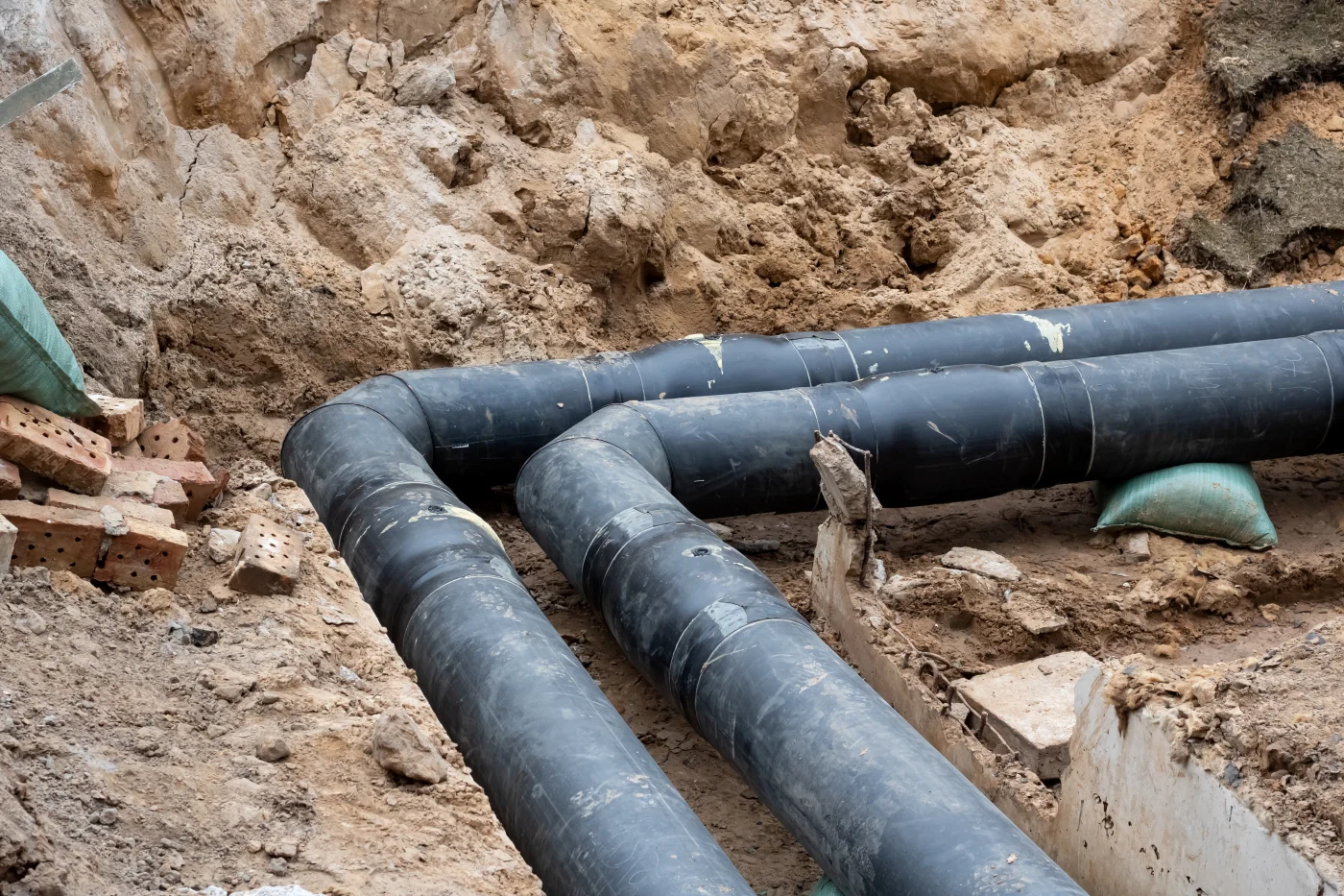 Black pipes under the ground.