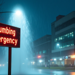 A hospital in the background with water spraying upwards from a busted pipe, with a sign in the foreground that says “Plumbing Emergency”