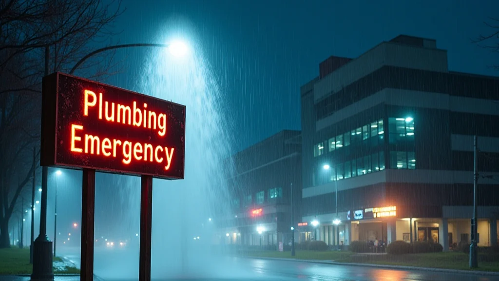 A hospital in the background with water spraying upwards from a busted pipe, with a sign in the foreground that says “Plumbing Emergency”