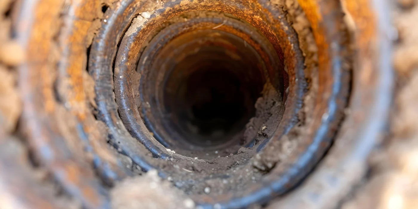 The inside view of a rusted sewer line that needs to be replaced.