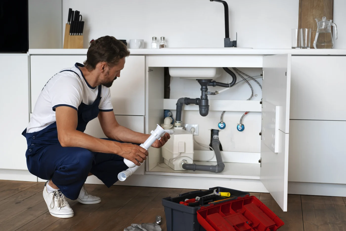A plumber fixing the drains under a kitchen sink.