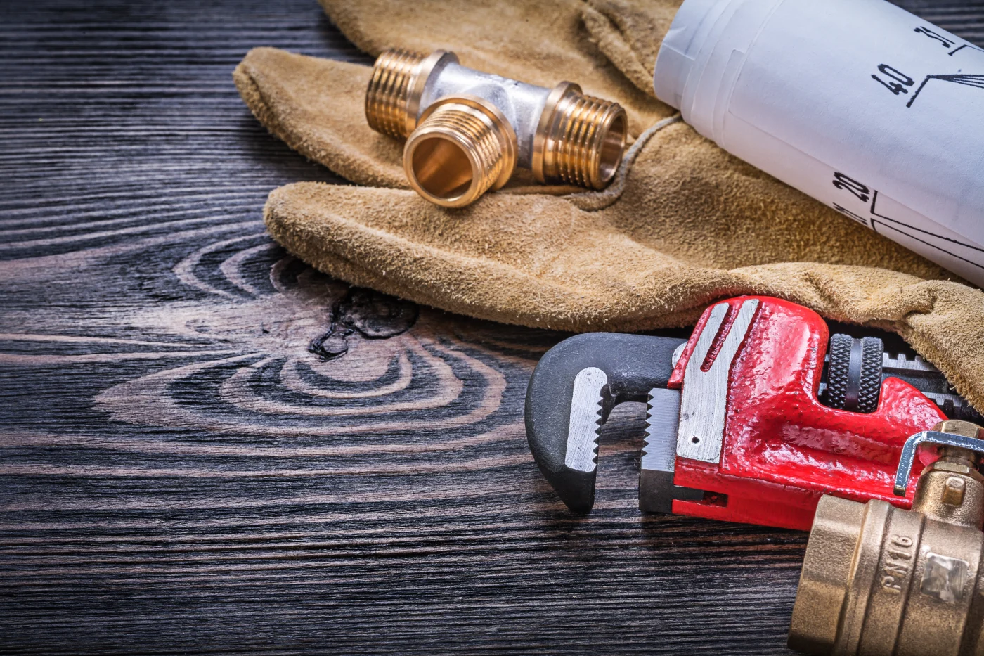 Plumbing tools, like gloves and a wrench, against a wood background.