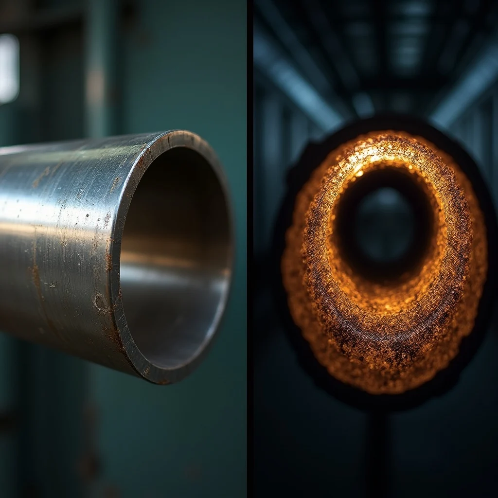 Split images of a new shiny pipe on the right side and a rusted old pipe on the left, contrasting new vs. old.