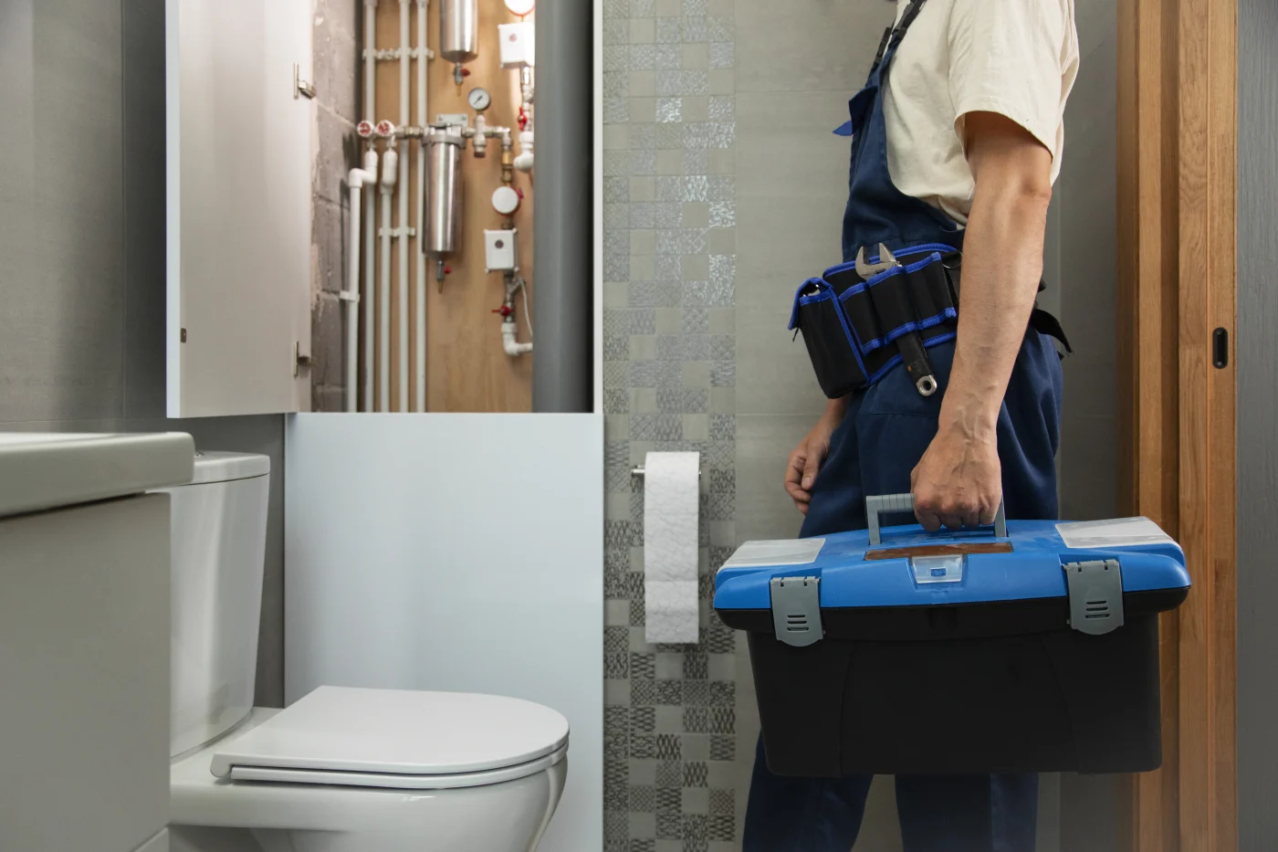 A male plumber with a toolbox arriving to fix a plumbing issue at a home in Union City, CA.