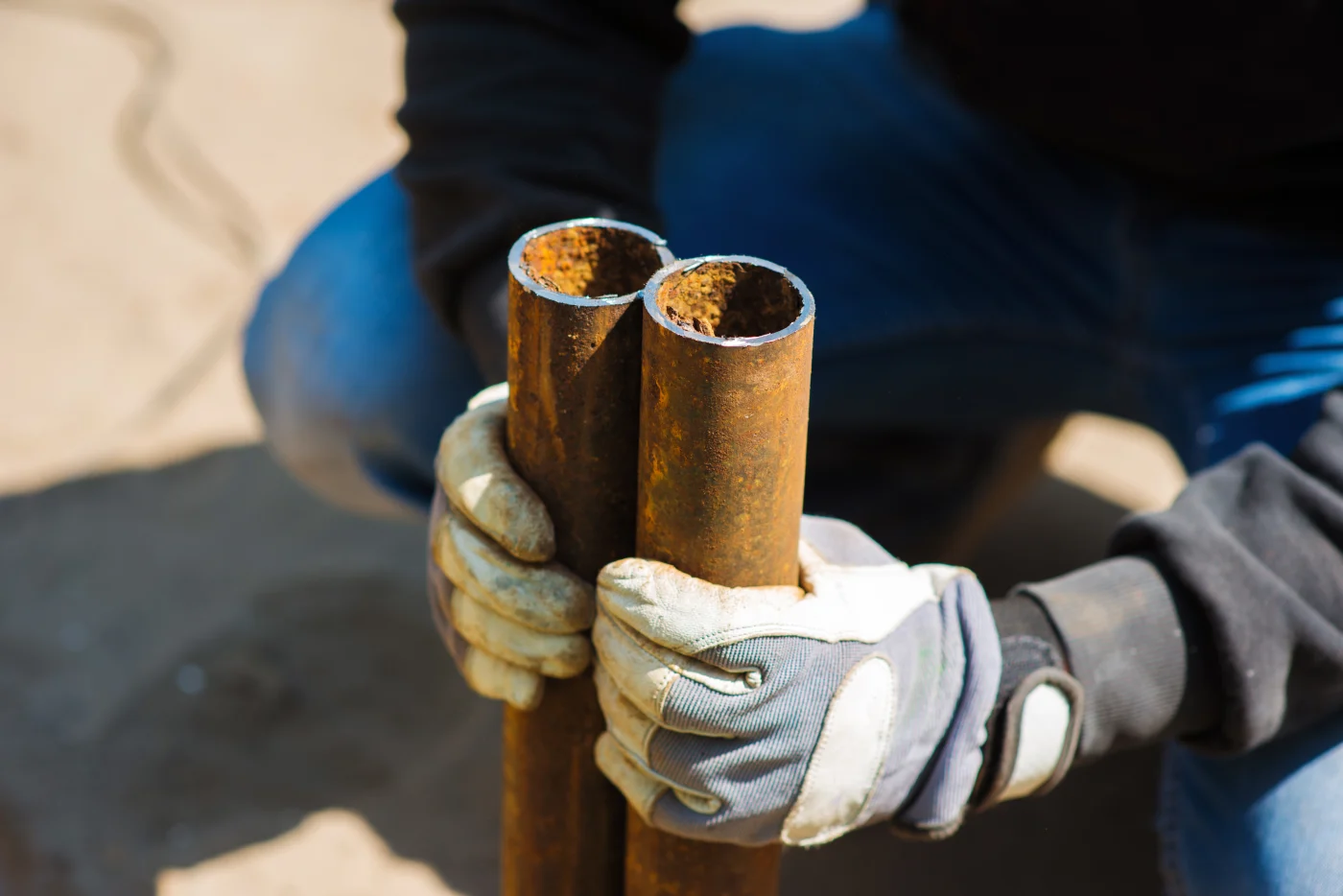 Expert Sewer Line Replacement in San Leandro, CA | Facilities Plumbing & Drain A plumber holding two metal pipes during a sewer line replacement.