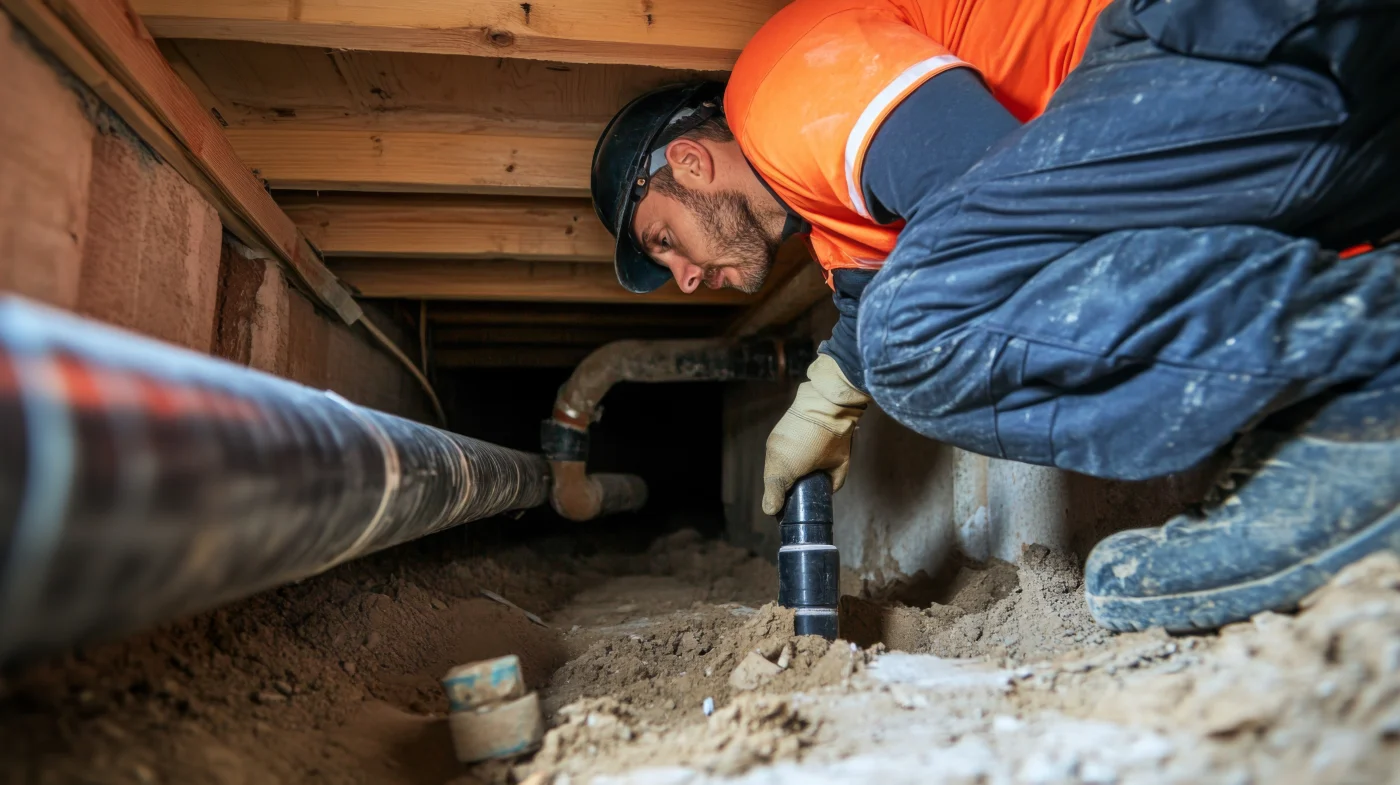 Lasting Sewer Line Replacement In San Leandro, CA | Facilities Plumbing and Drain A plumber examining a sewer line in the crawlspace of a San Leandro, CA home.
