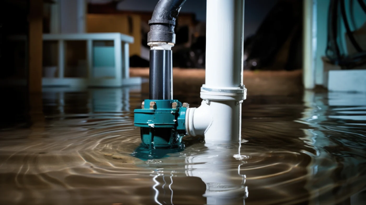 Professional Sump Pump Installation In Hayward, CA | Facilities Plumbing and Drain A sump pump system in a Hayward, CA basement during a flood.