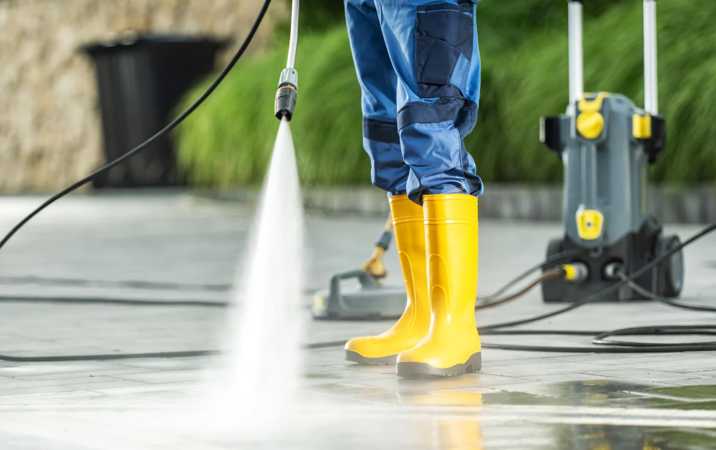 A technician in yellow boots showing the power of a hydro jetter.