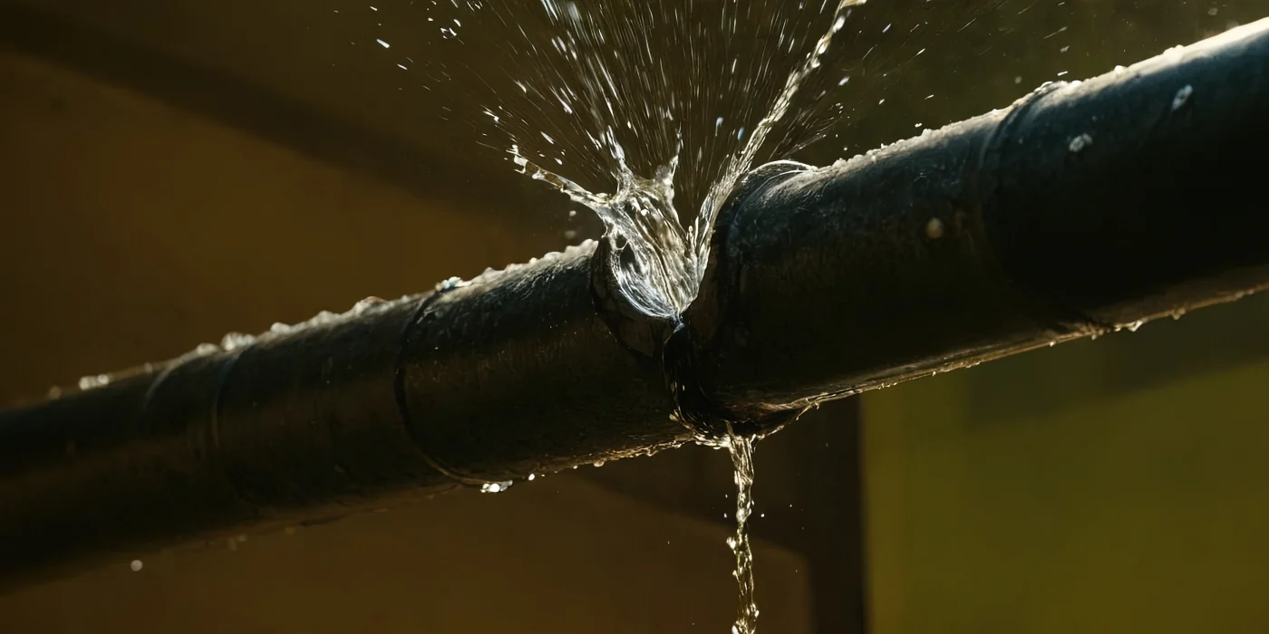 Black pipe spraying water from a burst section, showing an active plumbing leak in progress.