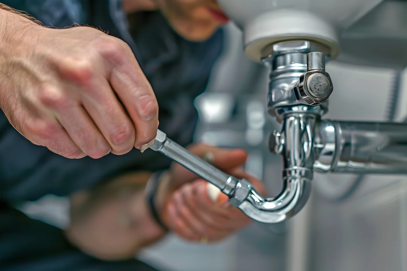 Plumber connects flexible supply line to chrome sink drain assembly during under-sink plumbing repair.
