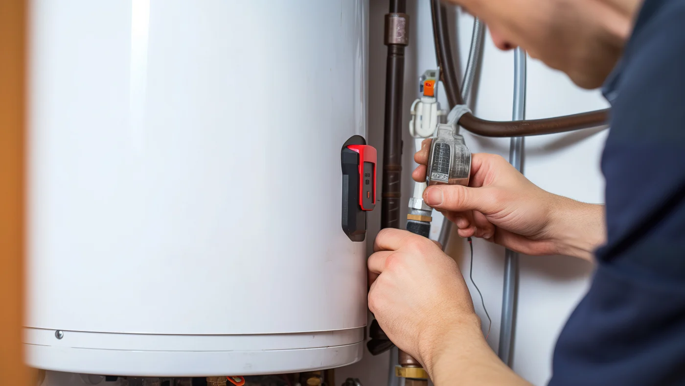 Electric water heater installation with shutoff panel, expansion tank, and updated plumbing connections.