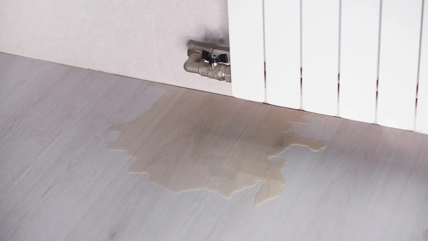 Water is leaking onto the laminate flooring beneath a white radiator, indicating a plumbing leak that requires repair.