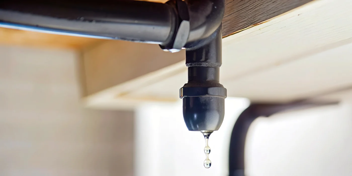 Water Leaking Pipe Household Concept. Single Water Drop Captured In Mid Air
