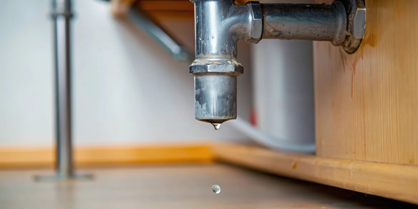 Close-up of a metal pipe leaking water beneath a cabinet, with a droplet falling to the floor.