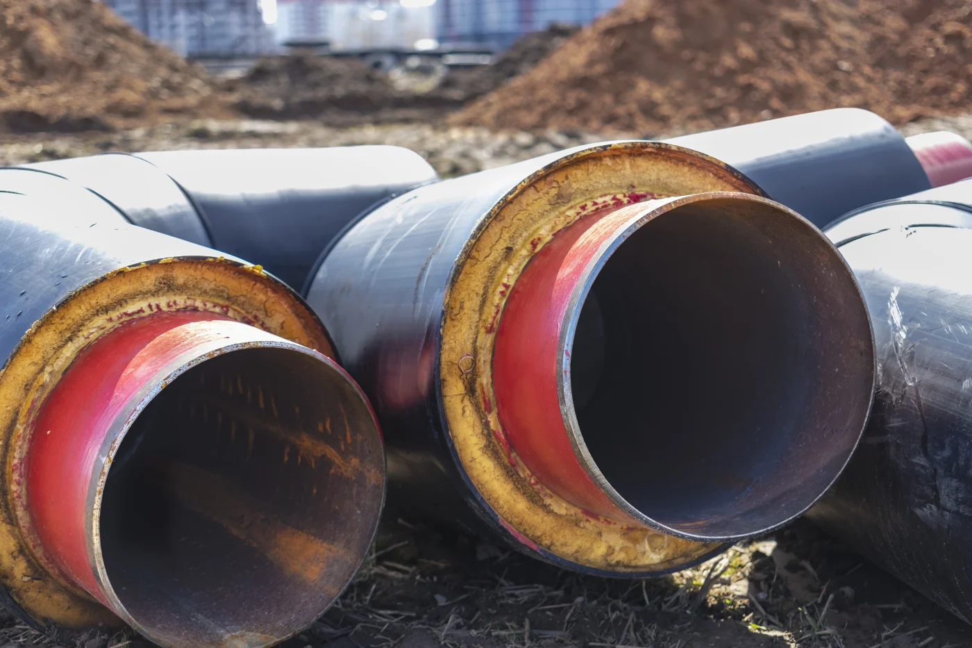 Large commercial sewer replacement pipes with red inner bands, yellow insulation, black outer casing, dirt, and construction site background.