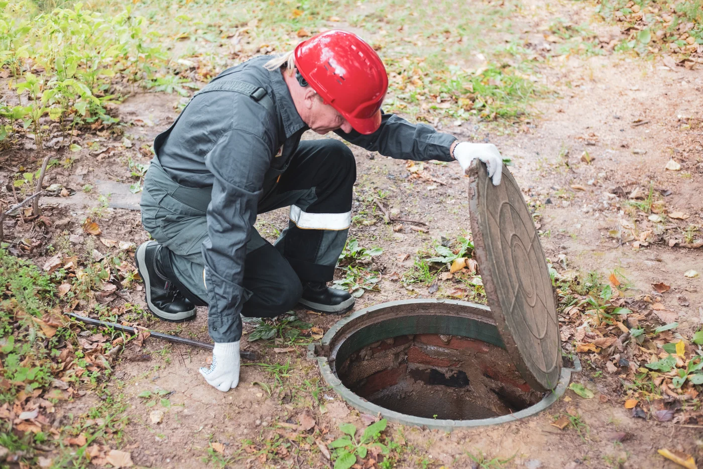 Worker in red hard hat opens a sewer manhole cover outdoors, wearing gloves near grass, dirt, leaves, and a round concrete access ring.