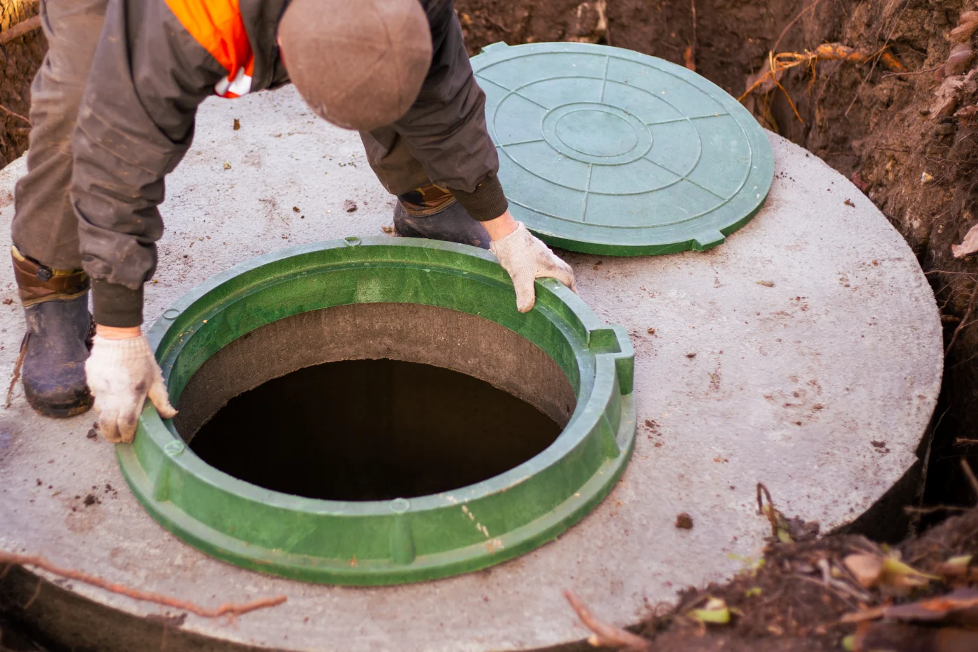 Worker adjusts a green sewer access ring on a concrete manhole, with cover, gloves, boots, dirt trench, and excavated soil around it.