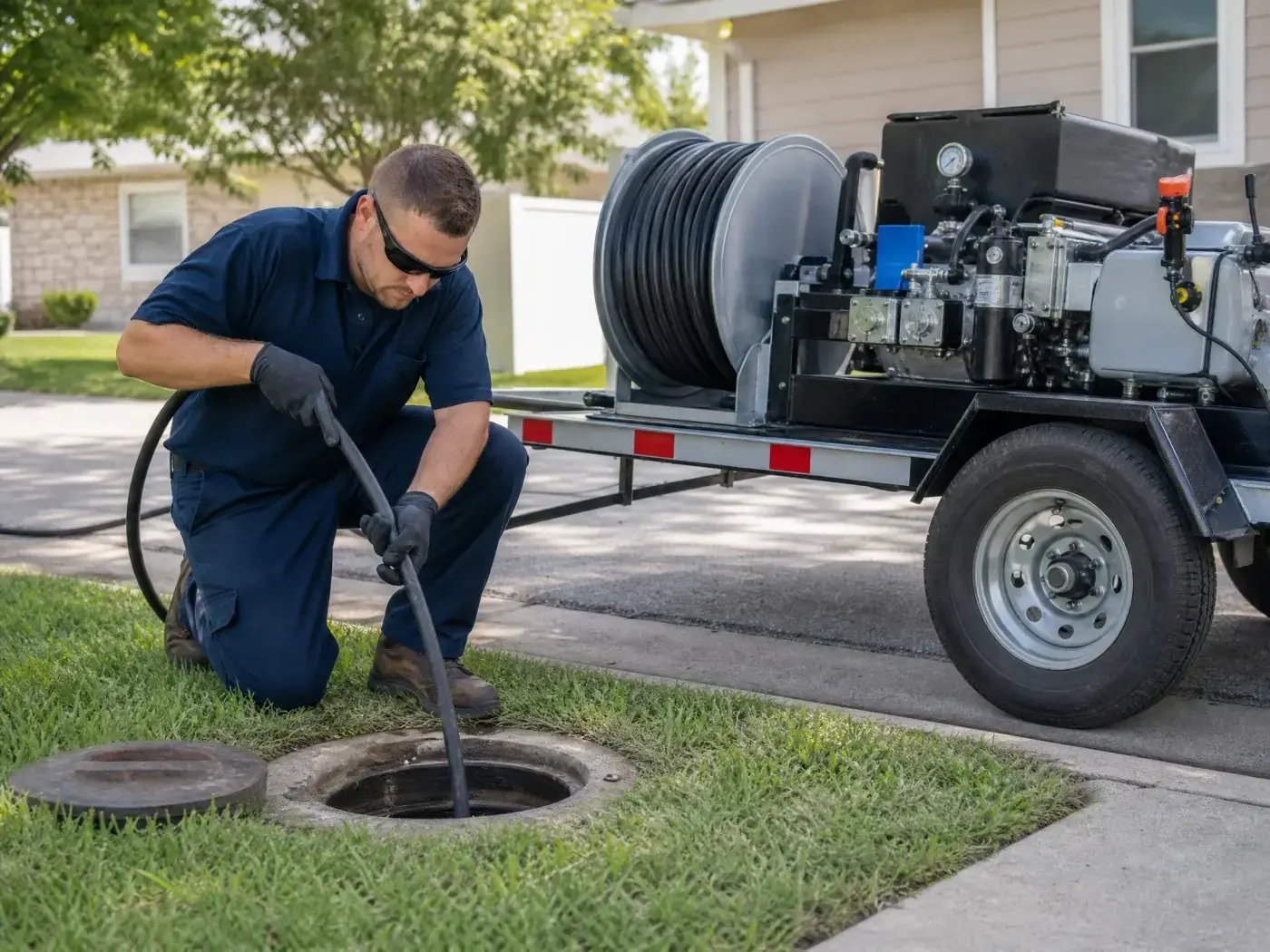 A licensed plumber running a drain camera into a residential sewer cleanout outside a Castro Valley home.