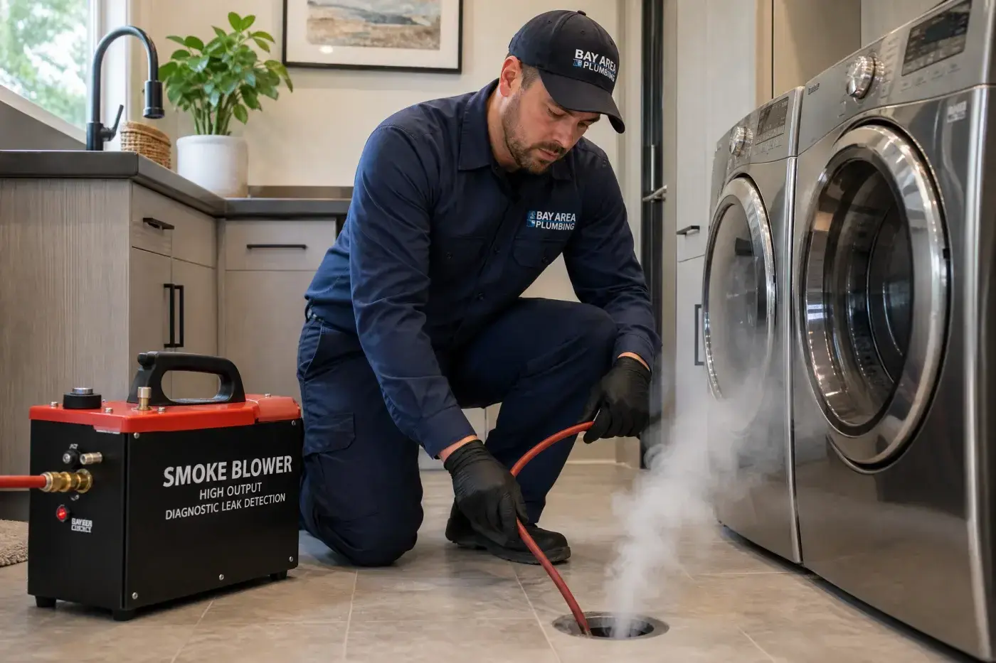 Plumber performs a smoke test in a laundry room to locate and diagnose sewage odor problems in a Berkeley, CA residential drain system.