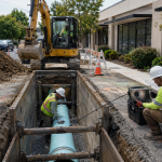 Workers complete a commercial sewer replacement in San Mateo, CA, using trench shoring, a camera system, and a compact excavator.