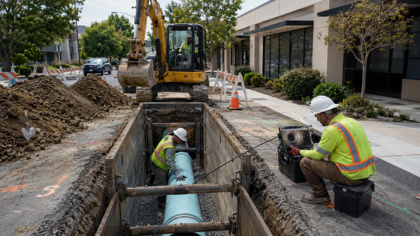 Professional Commercial Sewer Replacement San Mateo Ca Facilities Plumbing And Drain Workers complete a commercial sewer replacement in San Mateo, CA, using trench shoring, a camera system, and a compact excavator.