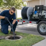 Plumber performs hydro jetting at a San Leandro, CA home, feeding a high-pressure hose into an exterior sewer cleanout next to professional equipment.
